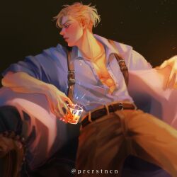 Rule 34 | 1boy, abs, absurdres, belt, blonde hair, blue shirt, commentary, couch, cup, highres, holding, holding cup, jujutsu kaisen, male focus, nanami kento, on couch, prcrstncn, shirt, short hair, sitting, sleeves rolled up, solo, suspenders, twitter username, unbuttoned, unbuttoned shirt