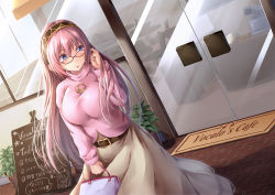 Rule 34 | 1girl, bag, beige skirt, belt, bespectacled, bit (keikou syrup), blue eyes, breasts, casual, glasses, hairband, jewelry, large breasts, long hair, long sleeves, looking to the side, megurine luka, necklace, outdoors, pink hair, pink sweater, red-framed eyewear, solo, sweater, turtleneck, turtleneck sweater, vocaloid
