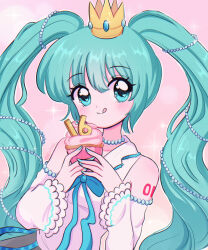 Rule 34 | 1990s (style), 1girl, artist name, bead necklace, beads, blue eyes, blue hair, blush, chellyko, collared shirt, commentary, crown, cupcake, detached sleeves, english commentary, food, hair beads, hair ornament, hatsune miku, heart, heart in eye, highres, holding, holding food, jewelry, long hair, long sleeves, looking at viewer, mini crown, nail polish, neck ribbon, necklace, pink background, retro artstyle, ribbon, shirt, sleeveless, sleeveless shirt, smile, solo, sparkle, symbol in eye, tongue, tongue out, twintails, upper body, vocaloid