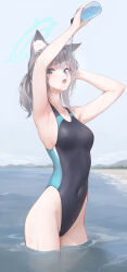 Rule 34 | 1girl, animal ear fluff, animal ears, armpits, arms up, artist name, bare arms, bare shoulders, beach, black one-piece swimsuit, blue archive, blue eyes, blue sky, breasts, cat ears, commentary request, covered navel, day, grey hair, groin, highres, long hair, mcg6, medium breasts, ocean, one-piece swimsuit, ponytail, pouring, pouring onto self, shiroko (blue archive), signature, sky, solo, swimsuit, wading, water