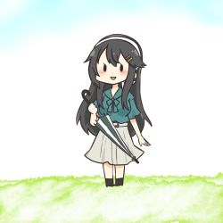 Rule 34 | 1girl, black hair, blue sky, cloud, commentary request, green shirt, hairband, haruna (kancolle), holding, holding umbrella, kantai collection, karin., long hair, long skirt, official alternate costume, pleated skirt, shirt, skirt, sky, solid oval eyes, solo, standing, umbrella, white hairband, white skirt