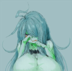 Rule 34 | 1girl, 2b-ge, ahoge, bags under eyes, breasts, crying, facing viewer, female focus, green theme, grey background, huge breasts, mei (2b-ge), original, sad, shirt, solo, spot color, white shirt