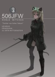 Rule 34 | 1girl, animal ears, black thighhighs, blonde hair, character name, female focus, german text, gradient background, green eyes, grey background, gun, heinrike prinzessin zu sayn-wittgenstein, highres, hirschgeweih antennas, holding, lif (lif &amp; ref), long hair, mg 151 cannon, solo, standing, strike witches, tail, text focus, thighhighs, translated, uniform, weapon, weapon request, world witches series