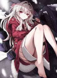 Rule 34 | 1girl, 1other, absurdres, barefoot, brown sweater, carrying, carrying person, choppy bangs, clara (honkai: star rail), coat, crossed bangs, foot out of frame, from above, highres, honkai: star rail, honkai (series), hood, hood down, hooded coat, knees together feet apart, knees up, long bangs, long hair, looking at viewer, lying, matagi 14, on back, out of frame, parted lips, red coat, red eyes, robot, shirt, sidelocks, skirt, svarog (honkai: star rail), sweatdrop, sweater, tearing up, convenient skirt, thigh strap, white hair, white shirt, white skirt