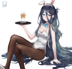 Rule 34 | 1girl, absurdly long hair, absurdres, animal ears, aqua bow, aqua bowtie, aris (blue archive), artist logo, black hair, blue archive, blue eyes, bow, bowtie, breasts, brown pantyhose, detached collar, fishnet pantyhose, fishnets, hair between eyes, highres, leotard, long hair, looking at viewer, medium breasts, one side up, pantyhose, playboy bunny, rabbit ears, ringed eyes, sitting, solo, strapless, strapless leotard, user mmfx5444, very long hair, white background, white leotard, wrist cuffs