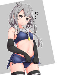 Rule 34 | 1girl, ?, bad id, bad pixiv id, black thighhighs, blue panties, blue skirt, cameltoe, clothes lift, crop top, fake horns, gradient neckerchief, grey eyes, grey hair, horned headwear, horns, i-201 (kancolle), kantai collection, long hair, looking at viewer, midriff, neckerchief, nontraditional school swimsuit, nyuudou kajika, panties, pencil skirt, rudder footwear, sailor collar, school swimsuit, skirt, skirt lift, solo, standing, swimsuit, thighhighs, underwear, white sailor collar