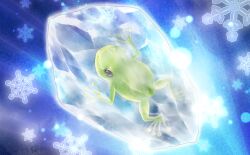 Rule 34 | animal focus, blue background, frog, frozen frog, ice, no humans, object focus, official art, snowflakes, tatsuki maki, third-party source, touhou, touhou cannonball