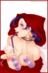 Rule 34 | artist request, blush, breasts, collar, drink, hood, lamp, looking at viewer, purple eyes, purple hair, source request, tagme, topless