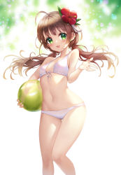 Rule 34 | 1girl, absurdres, ahoge, bad id, bad pixiv id, ball, bikini, breasts, brown hair, commentary request, feet out of frame, flower, front-tie top, green eyes, hair flower, hair ornament, hibiscus, highres, long hair, looking at viewer, low twintails, navel, original, picter, small breasts, smile, solo, standing, swimsuit, twintails, white bikini