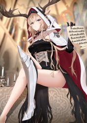Rule 34 | 1girl, absurdres, animal ears, antlers, arknights, armor, bare legs, black dress, blonde hair, breasts, calvaires, candle, cape, commentary request, crossed legs, deer antlers, deer ears, dress, foot out of frame, greaves, hair between eyes, hand up, high heels, highres, holding, holding paper, hood, hooded cape, horns, indoors, long hair, looking at viewer, medium breasts, paper, purple eyes, sitting, solo, thighs, viviana (arknights), white cape