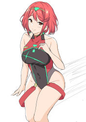 Rule 34 | 1girl, ame isshiki, bad id, bad pixiv id, bare shoulders, bracelet, closed mouth, competition swimsuit, earrings, hair between eyes, hair ornament, invisible chair, jewelry, looking at viewer, one-piece swimsuit, pyra (pro swimmer) (xenoblade), pyra (xenoblade), red hair, short hair, simple background, sitting, smile, solo, swimsuit, white background, xenoblade chronicles (series), xenoblade chronicles 2