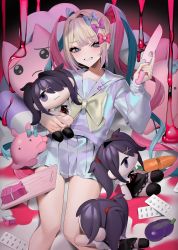 Rule 34 | 1girl, ame-chan (needy girl overdose), bebe (bebe pp), blue hair, blush, bow, carrot, character doll, chouzetsusaikawa tenshi-chan, cutting board, doll, gradient hair, grey eyes, grey hair, hair bow, heart, highres, holding, holding doll, holding knife, holographic clothing, iridescent, kitchen knife, knife, large bow, multicolored hair, multicolored nails, multiple hair bows, nail polish, needy girl overdose, pill, pin, pink hair, pleated skirt, quad tails, sailor collar, school uniform, serafuku, sitting, skirt, slime (substance), smile, stuffed toy
