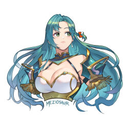Rule 34 | 1girl, aqua hair, armor, artist name, bare shoulders, braid, breastplate, breasts, chloe (fire emblem), cleavage, commentary, cropped torso, earrings, fire emblem, fire emblem engage, green eyes, jewelry, large breasts, long hair, looking to the side, meziosaur, nintendo, pauldrons, shoulder armor, simple background, single braid, solo, upper body, very long hair, white background