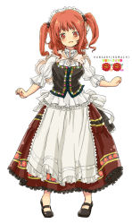 Rule 34 | 1girl, alternate costume, apron, dirndl, dress, english text, european clothes, female focus, flower, german clothes, hungary (country), maid headdress, onozuka komachi, red eyes, red hair, shoes, short hair, solo, touhou, traditional clothes, twintails, two side up, yamisawa