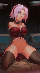 Rule 34 | 1girl, arms behind back, bare shoulders, bdsm, black thighhighs, blue eyes, bondage, bottomless, bound, breasts, chain, collar, commentary, crying, crying with eyes open, english commentary, facial mark, forehead mark, full body, hairband, haruno sakura, headband, highres, konohagakure symbol, large breasts, naftosaur, naruto, naruto (series), navel, ninja, no bra, object insertion, off shoulder, pink hair, pussy, pussy juice, red headband, rope, sex toy, shibari, shibari over clothes, short hair, skindentation, slave, solo, spread legs, squatting, studded, tears, thick thighs, thighhighs, thighs, uncensored, vaginal, vaginal object insertion, vibrator