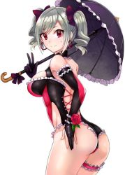 10s 1girl ashita_(2010) ass bad_id bad_twitter_id breasts drill_hair female_focus frills idolmaster idolmaster_cinderella_girls kanzaki_ranko large_breasts leotard long_hair looking_back parasol race_queen red_eyes silver_hair simple_background smile solo twin_drills twintails umbrella v