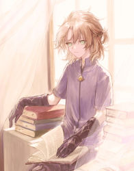 Rule 34 | 1boy, albedo (genshin impact), black gloves, blue shirt, book, book stack, closed mouth, curtains, genshin impact, gloves, green eyes, hair between eyes, highres, kmkm panna, light brown hair, looking at viewer, male focus, shirt, short sleeves, sitting, solo, vision (genshin impact), window