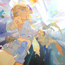 Rule 34 | 1girl, a-shacho, alternate costume, blonde hair, blue eyes, bow, commentary, confetti, detached sleeves, english commentary, eyewear hang, eyewear hang, unworn eyewear, falling, hair bow, hair ornament, hair ribbon, hairclip, headphones, highres, kagamine rin, looking to the side, pants, ribbon, see-through, see-through sleeves, shirt, short hair, shorts, smile, sparkle, stuffed animal, stuffed toy, teddy bear, vocaloid, white pants, white shirt, yellow nails