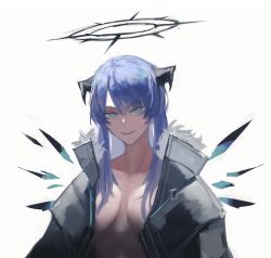 Rule 34 | 1girl, aqua eyes, arknights, black jacket, blue hair, breasts, collarbone, fur-trimmed jacket, fur trim, halo, highres, horns, jacket, long hair, looking at viewer, medium breasts, mostima (arknights), open clothes, open jacket, open mouth, rhine (overtonerhine), smile, solo, upper body, white background