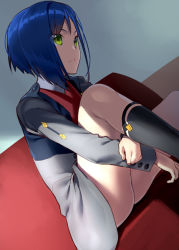 Rule 34 | 10s, 1girl, blue hair, bob cut, chikugen shiina, commentary, couch, darling in the franxx, dutch angle, green eyes, ichigo (darling in the franxx), hugging own legs, light frown, short hair, sitting, skirt, solo, thighs, uniform