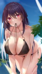 Rule 34 | 1girl, :3, all fours, ao no kanata no four rhythm, bare arms, barefoot, bikini, bikini day, bikini in mouth, black bikini, black hair, blurry, blurry background, blush, breasts, cleavage, closed mouth, clothes in mouth, collarbone, commentary request, commission, curvy, day, depth of field, eyelashes, eyes visible through hair, hair between eyes, halterneck, highres, large breasts, long hair, looking at viewer, o-ring, o-ring bikini, outdoors, red eyes, second-party source, side-tie bikini bottom, sidelocks, skeb commission, skindentation, smile, solo, straight-on, straight hair, swimsuit, thighs, tobisawa misaki, u ronnta, very long hair