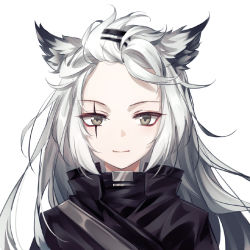 Rule 34 | 1girl, animal ears, arknights, black jacket, closed mouth, forehead, green eyes, grey eyes, hair ornament, hairclip, high collar, jacket, lappland (arknights), long hair, looking at viewer, renren (ah renren), scar, scar across eye, scar on face, shoulder strap, simple background, smile, solo, tagme, upper body, white background, white hair, wolf ears, wolf girl
