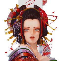Rule 34 | 1girl, artist request, bare shoulders, black hair, blue eyes, boa hancock, bow, earrings, female focus, flower, hair bow, hair flower, hair ornament, hairclip, japanese clothes, jewelry, kimono, long hair, oiran, one piece, piercing, solo, source request, traditional clothes, japanese clothes