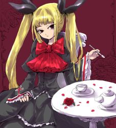 Rule 34 | 1girl, arc system works, bad id, bad pixiv id, blazblue, blonde hair, cup, flower, long hair, petals, rachel alucard, red eyes, red flower, red rose, ribbon, rose, rose petals, solo, spoon, table, twintails, yodori-san