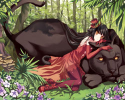Rule 34 | 1girl, animal, animal ears, black hair, black panther, cat ears, cat tail, child, dress, elbow gloves, flower, gloves, hat, leopard, long hair, manle, mini hat, mini top hat, mushroom, original, panther, red dress, solo, tail, thighhighs, top hat, tree, yellow eyes