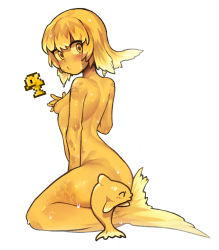 Rule 34 | 1girl, blonde hair, blush, breasts, colored sclera, colored skin, completely nude, convenient censoring, covering privates, covering breasts, fins, fish, fish girl, fish tail, goldfish, goldfish (terraria), looking at viewer, medium breasts, monster girl, nude, nyong nyong, personification, reference inset, scales, short hair, tail, terraria, wet, white background, yellow eyes, yellow skin