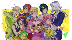 Rule 34 | 1girl, 6+boys, absurdres, aqua eyes, arm grab, bare shoulders, black hair, blonde hair, blue eyes, blue jacket, blunt bangs, border, bouquet, box, brown eyes, bruno bucciarati, cake, chinese commentary, cleavage cutout, closed eyes, clothing cutout, collared jacket, commentary request, curly hair, eating, flower, food, food in mouth, gift, gift box, giorno giovanna, grabbing another&#039;s ear, green eyes, green jacket, guido mista, hairband, hand on another&#039;s ear, hat, highres, holding, holding bouquet, holding plate, jacket, jojo no kimyou na bouken, lccc, leone abbacchio, long hair, looking at another, male focus, multiple boys, narancia ghirga, open mouth, orange hairband, outside border, pannacotta fugo, pectoral cleavage, pectorals, pink hair, pink jacket, plate, purple eyes, purple lips, red hat, short hair, simple background, smile, standing, trish una, tulip, turtleneck, vento aureo, white border, white hair, wristband, yellow background, yellow flower, yellow tulip