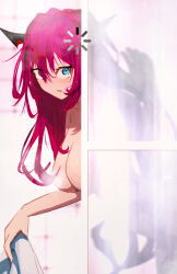 Rule 34 | 1girl, bathing, bathroom, blue eyes, blush, breasts, cleavage, completely nude, convenient censoring, embarrassed, getto, heterochromia, highres, holding, holding towel, hololive, hololive english, horns, irys (hololive), large breasts, long hair, looking at viewer, multicolored hair, multiple horns, nude, open mouth, pink eyes, pointy ears, purple eyes, purple hair, red hair, see-through, shower (place), showering, solo, steam, steam censor, streaked hair, tile wall, tiles, towel, very long hair, virtual youtuber, wet, wet hair, white towel