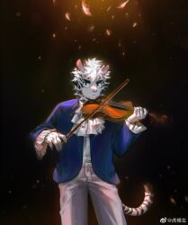 Rule 34 | 1boy, aged down, alternate costume, animal ears, arknights, ascot, blue eyes, child, falling feathers, feathers, feet out of frame, furry, furry male, grey pants, highres, holding, holding instrument, holding violin, hujusheng, instrument, looking at viewer, male focus, mountain (arknights), pants, short hair, solo, spotlight, standing, thick eyebrows, tiger boy, tiger ears, violin, white fur