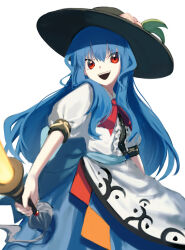 Rule 34 | &gt;:), 1girl, blue hair, blue skirt, bow, bowtie, commentary request, highres, hinanawi tenshi, holding, holding sword, holding weapon, long hair, looking at viewer, nanashi nasi, open mouth, peach hat ornament, puffy sleeves, red bow, red bowtie, red eyes, shirt, short sleeves, simple background, skirt, smile, solo, sword, sword of hisou, teeth, touhou, upper body, upper teeth only, v-shaped eyebrows, very long hair, weapon, white background, white shirt