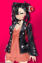 Rule 34 | 1girl, arm up, artist name, asymmetrical bangs, backpack, bag, black choker, black hair, black jacket, black nails, blue eyes, breasts, choker, cleavage, closed mouth, collarbone, cowboy shot, creatures (company), dress, easonx, eyeliner, game freak, gradient background, highres, holding, holding poke ball, jacket, lips, long hair, long sleeves, looking at viewer, makeup, marnie (pokemon), nail polish, nintendo, open clothes, open jacket, pink background, pink dress, poke ball, poke ball (basic), pokemon, pokemon swsh, small breasts, solo, twintails