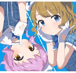 Rule 34 | 2girls, absurdres, blue background, blue dress, blue eyes, blue scarf, brown hair, checkered clothes, checkered dress, commentary, covering own mouth, crossed fingers, dress, expressionless, gloves, hands on own face, hands up, highres, idolmaster, idolmaster million live!, light blush, looking at viewer, makabe mizuki, multiple girls, ooho0216, purple hair, scarf, short hair, short sleeves, sidelocks, suou momoko, upper body, upside-down, wavy hair, white gloves, white headwear, yellow eyes