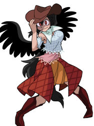 Rule 34 | 1girl, absurdres, bandana, bird wings, black hair, black wings, boots, brown footwear, brown hat, brown skirt, closed mouth, eddybird55555, full body, hand on headwear, hat, highres, horse tail, kurokoma saki, looking at viewer, multicolored clothes, plaid, plaid skirt, red eyes, ringed eyes, short hair, simple background, skirt, smile, solo, tail, touhou, vanripper (style), white background, white bandana, wings