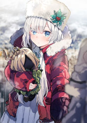 Rule 34 | 1girl, anastasia (fate), anastasia (shvibzik snow) (fate), bad id, bad pixiv id, blue eyes, blurry, blurry foreground, blush, choker, christmas, closed mouth, coat, cowboy shot, depth of field, doll, hugging doll, down jacket, dress, fate/grand order, fate (series), fur-trimmed jacket, fur hat, fur trim, hair over one eye, hat, highres, holly, ikeuchi tanuma, jacket, long bangs, long hair, long sleeves, hugging object, open clothes, open coat, red coat, silver hair, sleeves past wrists, snow, standing, white dress