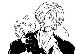 Rule 34 | 1boy, absurdres, cigarette, curly eyebrows, facial hair, formal, gloves, highres, male focus, monochrome, mouse (animal), one piece, rita ya, sanji (one piece), short hair, smile, suit