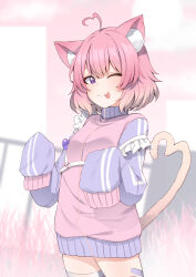 Rule 34 | 1girl, ;p, absurdres, ahoge, aisu koffie, animal ear fluff, animal ears, bandaid, bandaid on leg, blurry, blurry background, cat ears, cat girl, cat tail, commission, frills, gradient hair, heart, heart ahoge, highres, indie virtual youtuber, multicolored clothes, multicolored hair, multicolored sweater, one eye closed, pink hair, pink sweater, purple eyes, short hair, sleeves past fingers, sleeves past wrists, solo, sweater, tail, tongue, tongue out, valefal coneri, vgen commission, virtual youtuber