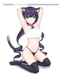 Rule 34 | 1girl, animal ear fluff, animal ears, armpits, arms behind head, arms up, bare arms, black choker, black hair, black panties, black thighhighs, blush, breasts, cat ears, cat girl, cat tail, choker, collarbone, commentary, crop top, culton, full body, green eyes, hair between eyes, highres, karyl (princess connect!), long hair, looking at viewer, low twintails, medium breasts, multicolored hair, navel, no shoes, open mouth, panties, princess connect!, shirt, simple background, solo, stomach, streaked hair, tail, thighhighs, twintails, underwear, very long hair, white background, white hair, white shirt