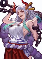 Rule 34 | 1girl, ahoge, alternate breast size, arm at side, arm up, armpits, bare shoulders, blue hair, breasts, chain, club, club (weapon), commentary, cuffs, curled horns, earrings, geta, green hair, hair ornament, hair stick, hakama, hakama pants, handcuffs, high ponytail, hip vent, hoop earrings, horns, japanese clothes, jewelry, kanabou, kimono, large breasts, long hair, looking to the side, multicolored hair, multicolored horns, one piece, oni, open mouth, orange horns, pants, phamoz, red horns, rope, shimenawa, sideboob, simple background, sleeveless, sleeveless kimono, solo, standing, toenails, toes, very long hair, weapon, white background, white hair, wind, yamato (one piece), yellow eyes