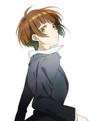 Rule 34 | 10s, 1girl, bad id, bad pixiv id, brown hair, formal, from behind, kazu sanbon, looking back, parted lips, psycho-pass, shaft look, short hair, solo, tsunemori akane, yellow eyes