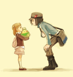 Rule 34 | 10s, 1boy, 1girl, age difference, backpack, bag, blush, boots, brown eyes, brown hair, budew, calem (pokemon), child, creatures (company), game freak, gen 4 pokemon, hands on own knees, hat, height difference, highres, leaning forward, nintendo, pokemon, pokemon (creature), pokemon xy, preschooler (pokemon), s0709c0404 (pixiv), short hair, sketch, smile, socks, tears, twintails, uru-ri