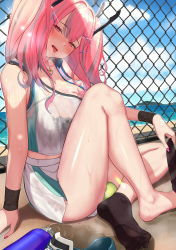 Rule 34 | 1girl, absurdres, azur lane, bare shoulders, barefoot, black bra, black choker, bottle, bow, bra, breasts, bremerton (azur lane), bremerton (scorching-hot training) (azur lane), bust cup, chain-link fence, choker, cleavage, collarbone, commentary, commentary request, crop top, english commentary, fence, grey hair, hair between eyes, hair bow, hair ornament, heart, heart necklace, highres, jewelry, large breasts, looking at viewer, mole, mole under eye, multicolored hair, nail polish, necklace, outdoors, pink eyes, pink hair, removing sock, see-through, shirt, sidelocks, skirt, sleeveless, sleeveless shirt, sportswear, streaked hair, sun, sunlight, sweat, tennis court, tennis uniform, twintails, two-tone shirt, two-tone skirt, underwear, ursica, water, water bottle, wet legwear, white skirt, x hair ornament
