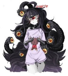 Rule 34 | 1girl, absurdres, ahoge, alternate costume, black hair, blush, breasts, colored sclera, colored skin, commentary, commission, cowboy shot, cyclops, english commentary, extra eyes, gazer (monster girl encyclopedia), hhhori, highres, lavender shirt, lavender shorts, long hair, looking at viewer, looking down, monster girl, monster girl encyclopedia, one-eyed, pajamas, pout, red eyes, shirt, shorts, signature, simple background, skirt, slime (substance), small breasts, solo, standing, tail, tentacles, white background, white skin, white skirt, yellow sclera