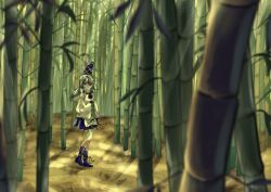 Rule 34 | 1girl, :o, arms up, bamboo, bamboo forest, blue eyes, blue hat, blue skirt, blurry, blurry background, blurry foreground, commentary request, day, depth of field, forest, hair between eyes, hat, highres, japanese clothes, kariginu, leg lift, long hair, looking at viewer, miniskirt, mononobe no futo, nature, outdoors, ponytail, sachisudesu, scenery, silver hair, skirt, sleeves past fingers, sleeves past wrists, solo, standing, standing on one leg, tate eboshi, touhou, wide shot