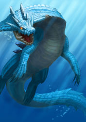 Rule 34 | absurdres, air bubble, blue theme, bubble, commentary request, dragon, glowing, glowing eyes, highres, lagiacrus, monster hunter (series), mortar headd, no humans, ocean, scales, solo, submerged, underwater, wasabi60, yellow eyes