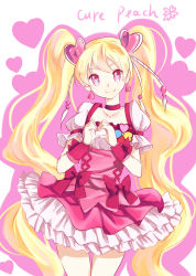 Rule 34 | 00s, 1girl, blonde hair, bow, buts (11067), character name, choker, corset, cure peach, earrings, fresh precure!, hair ornament, heart, heart hair ornament, heart hands, highres, jewelry, long hair, magical girl, momozono love, pink bow, pink eyes, precure, ribbon, skirt, smile, solo, twintails