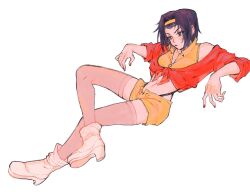 Rule 34 | 1girl, breasts, cowboy bebop, faye valentine, full body, goomyloid, hairband, highres, invisible chair, lipstick, makeup, medium breasts, nail polish, purple hair, shorts, simple background, sitting, solo, white background, white footwear, yellow hairband, yellow shorts